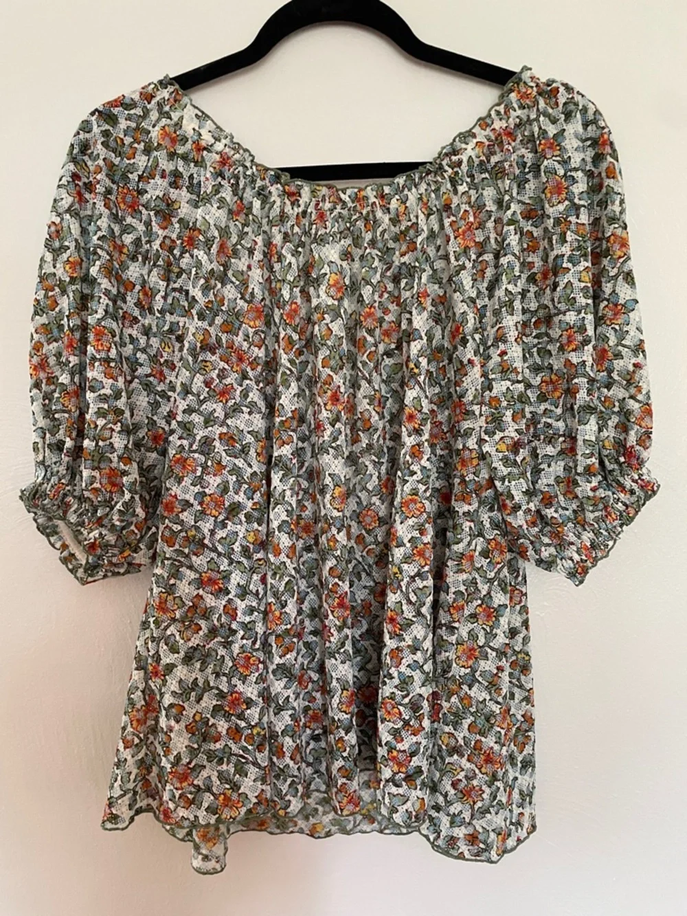 Free People Floral Puff Sleeve Blouse in Cream, Green & Orange - Picture 3 of 4